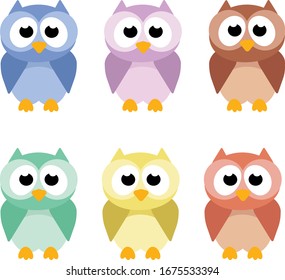 Blue, violet, brown, green. yellow and red owls.