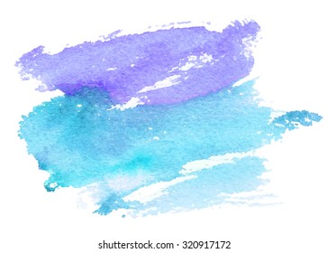 Blue violet brush painting isolated strokes stain on white background. Watercolor hand drawn paper texture artistic abstract vector illustration. Design striped element for decoration, cover, banner