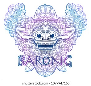 Blue and violet colours doodle style vector balinese lion god Barong mask isolated on white background