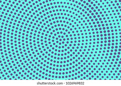 Blue violet dotted halftone. Radial dotted pattern. Half tone vector background. Artificial texture. Purple dots on cyan backdrop. Vivid pop art design template. Glitch halftone texture