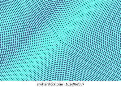 Blue violet dotted halftone. Radial faded dotted gradient. Half tone vector background. Artificial texture. Purple dots on cyan backdrop. Vivid pop art design template. Glitch halftone texture