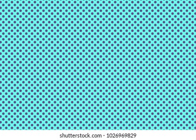 Blue violet dotted halftone. Regular frequent dotted pattern. Half tone vector background. Artificial texture. Purple dots on cyan backdrop. Vivid pop art design template. Glitch halftone texture