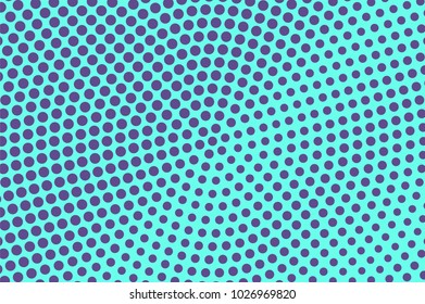 Blue violet dotted halftone. Round radial dotted gradient. Half tone vector background. Artificial texture. Purple dots on cyan backdrop. Vivid pop art design template. Glitch halftone texture