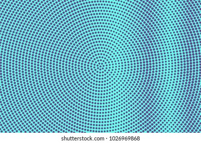 Blue violet dotted halftone. Vertical round dotted gradient. Half tone vector background. Artificial texture. Purple dots on cyan backdrop. Vivid pop art design template. Glitch halftone texture
