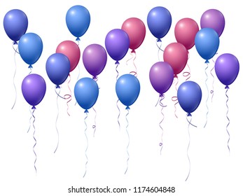Blue violet flying balloons isolated vector, birthday party decoration elements. Bright flying helium balloons isolated on white background. Party decor, birthday surprise or gift element design