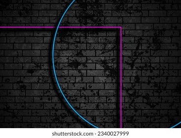 Blaue violette geometrische Linien auf einer schwarzen Ziegelwand. Abstrakter Vektorhintergrund