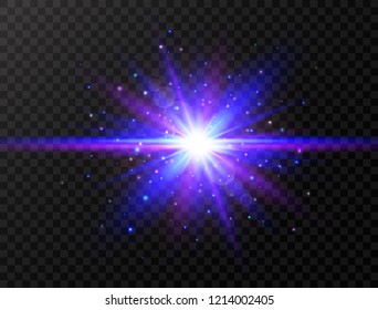 Blue and violet glowing effect. Star burst with beams and sparkles. Futuristic light on transparent background. Flash with rays and spotlight. Blue and violet glowing effect. Colorful lens flare