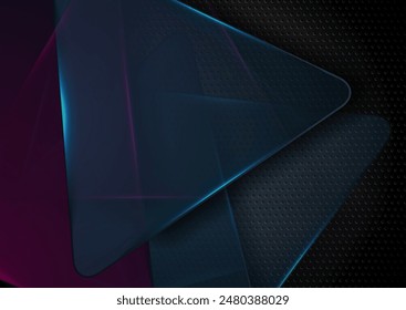 Blue violet glowing neon triangles on black perforated tech texture background. Geometric futuristic vector design