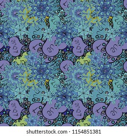 Blue, violet and green. Vector fancy love shape seamless pattern background. Valentines Day.