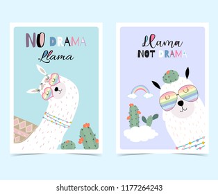 Blue violet hand drawn cute card with llama, glasses,cactus in summer.No drama llama, Llama not drama