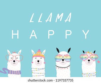 Blue violet hand drawn cute card with llama, glasses,cactus in summer.llama happy