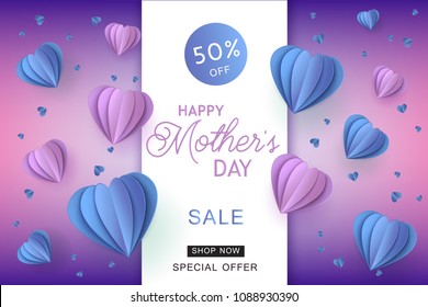 Blue and violet heart shapes in paper art on gradient background for Mothers Day special offer banner - holiday vector illustration of abstract hearts made from paper or cardboard for card.