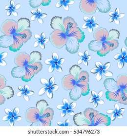 Blue and violet hibiscus pattern. Exotic vector seamless pattern floral design. Textile print for bed linen, jacket, package design, fabric and fashion concepts. Watercolor floral seamless pattern.