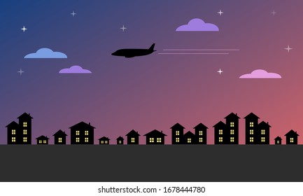 Blaue und violette Landschaft des Sonnenuntergangs Himmel mit Wolken und Sternen und die Silhouetten eines fliegenden Flugzeugs mit zwei Gassen Kontraste und Stadthäuser mit hellem Fenster. Karte. Grafiken der Vektorillustration, Illustration