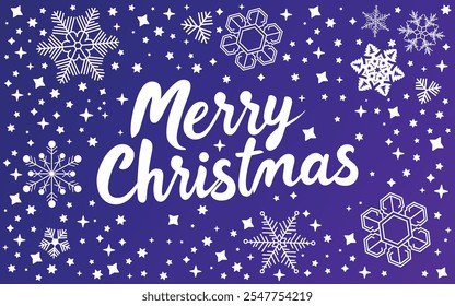 Blue and violet Merry Christmas card with whine snowflakes and stars for greeting