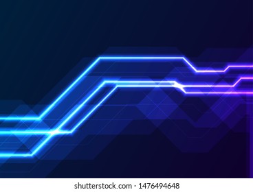 Líneas geométricas azules y violetas de neón abstracto fondo tecnológico. Diseño de ciencia ficción vectorial