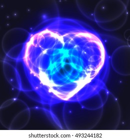 Blue and violet neon plasma laser heart on dark background. Neon blue laser heart made from circles on dark background. Heart from bubbles under water