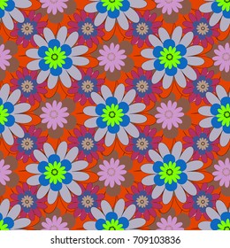 Blue, violet and orange background with flowers pattern. Vector floral seamless pattern.