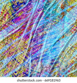 Blue, violet, orange. Hatching, strokes, curved stripes. Seamless texture from fabric, wrapping, home decor. Abstract vector background. Organic elements. 