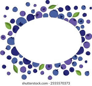 blue and violet oval geometric frame with ripe blueberries on white isolated transparent background. graphic line vector illustration.
