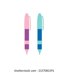 blue and violet pens in flat style isolated on white background, vector illustration of stationery in cartoon style