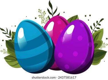 Blue violet and pink Easter striped egg and egg with polka dots with green leaves and branches on background. Illustration in flat style. Vector clipart for design of card, banner, flyer, sale, poster