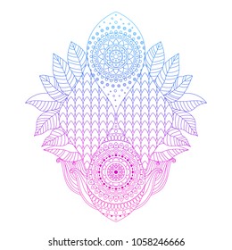Blue, violet and pink gradient colored art, bright floral ornament with tiled pattern in boho ethnic style, isolated on white background, design element, line art, vector illustration.