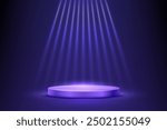 Blue violet podium for awards or product display vector illustration. Abstract empty 3d stage with glowing light rays on dark background. Luxury product presentation, glamour beauty industry design.