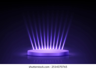 Blue violet podium for awards or product display vector illustration. Abstract empty 3d stage with glowing light rays on dark background. Luxury product presentation, glamour beauty industry design.