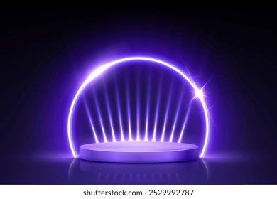 Pódio violeta azul para prêmios ou ilustração vetorial de exibição de produto. Abstrato vazio 3d palco com neon brilhante quadro redondo e raios de luz no fundo escuro. Apresentação de produtos de luxo.