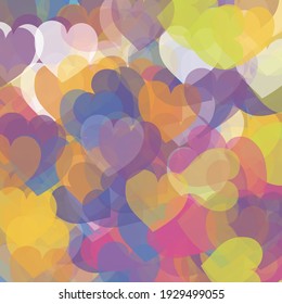 Antecedentes de la boda romántica violeta azul. Arcoiris Transparente Luz Saint Valentine Diseño Moderno. Los corazones índigo amarillos adoran la imagen del vector Confetti. Patrón de Arte Moderno Multicolor Oscuro Pastel.