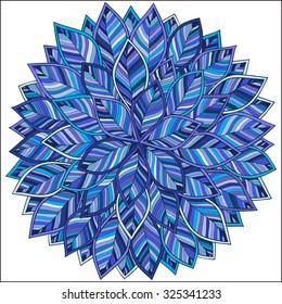 blue and violet round rosette with simple leaves with black outline on white background
