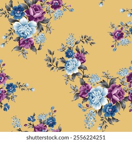 blue and violet seamless vector stock flowers with grey leaves pattern on yellow background