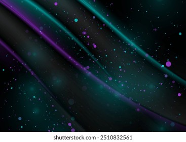 Blue violet sparkling glowing particles and smooth waves abstract background. Vector design