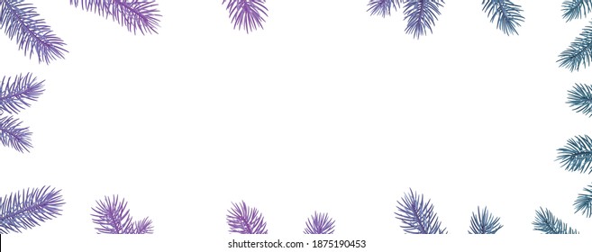 Blue and violet spruce branches frame. Winter decoration for banners, cards. Vector illustration.