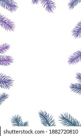 Blue and violet spruce branches frame. Winter decoration for posters, flyers. Vector illustration.