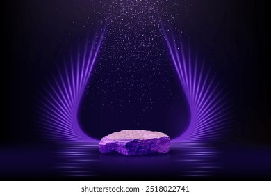 Podio de piedra violeta azul para premios o Ilustración vectorial de exhibición de productos. Abstractas escenario de roca 3D vacío con rayos de luz sobre fondo oscuro. Presentación de productos de lujo, diseño de la industria de la belleza.