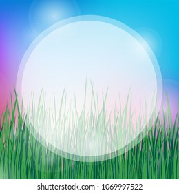 Blue and violet summer or spring background with green grass and circle frame