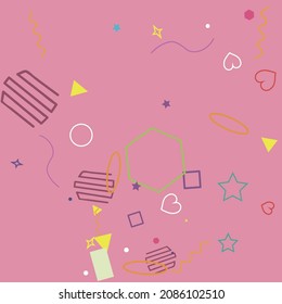 Blue Violet Sweet Square Green Simple Circle Design Pic. Bright Red Rectangle Pastel Polygonal Orange Stars Hipster Background. Pink Hearts Wave Yellow Zigzag Oval Ring Geometry Illustration.