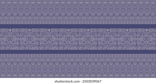 Blue and violet tribal geometric pattern with intricate ethnic designs, ideal for fabric or decor.