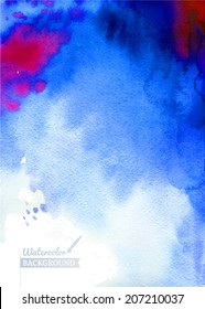 Blue violet watercolor background texture with streaks. Abstract hand painted backgrounds.  Watercolor composition.