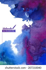 Blue violet watercolor background texture with streaks. Abstract hand painted backgrounds.  Watercolor composition.