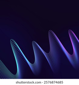 Blue and violet wave square background. Vector design with neon light effect and space for text. Shiny wavy lines on dark background