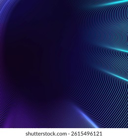 Blue and violet wave square background. Vector design with neon light effect and space for text. Shiny wavy lines on dark background