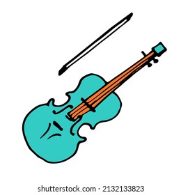 blue violin and bow icon. drawing of a musical instrument in the doodle style, violin with bow, top view, black outline turquoise color with orange on white for vector illustration of the design 