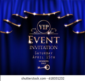 Blue VIP event invitation card with red curtains with gold shiny rim. Vector illustration