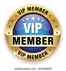 Blue VIP member badge, button with gold border on white background