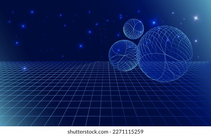 Blue virtual space with futuristic spheres. Vector wireframe landscape with neon colour. Vector illustration of metaverse dimension. Digital world, virtual reality.