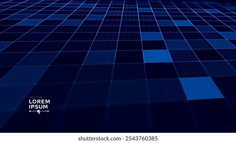Tecnología virtual azul Interfaz de usuario futurista Cuadrícula HUD. Diseño de fondo FUI 3D con profundidad de efecto de campo. Diseño de temas de Ciencia, Inteligencia Artificial. Bolsa de alta tecnología. Ilustración vectorial.