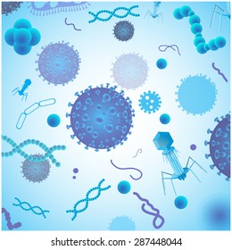 Blue virus cells, bacteria and DNA with background. Vector illustration.